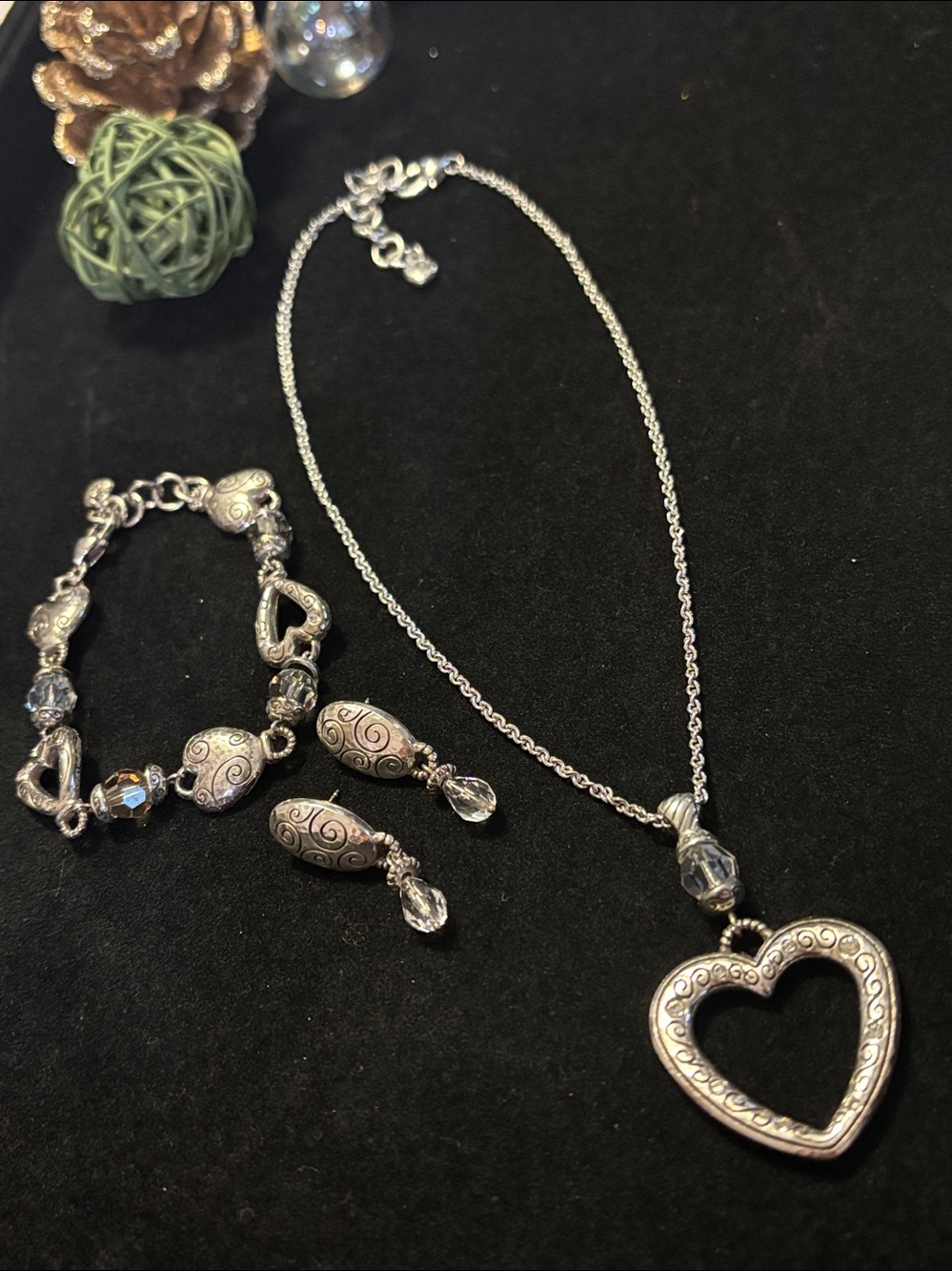 Brighton Silver Heart& Crystal Pendant Necklace, Bracelet & Earrings